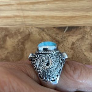 Sterling silver intricate swan ring oval turquoise 2 bezel set blue topaz size 6